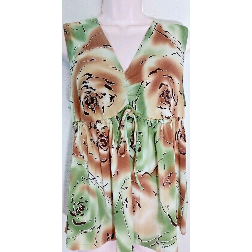 Glenn & Jenn Y2K Floral Sleeveless Top Medium Green Brown Empire Waist Tie Front